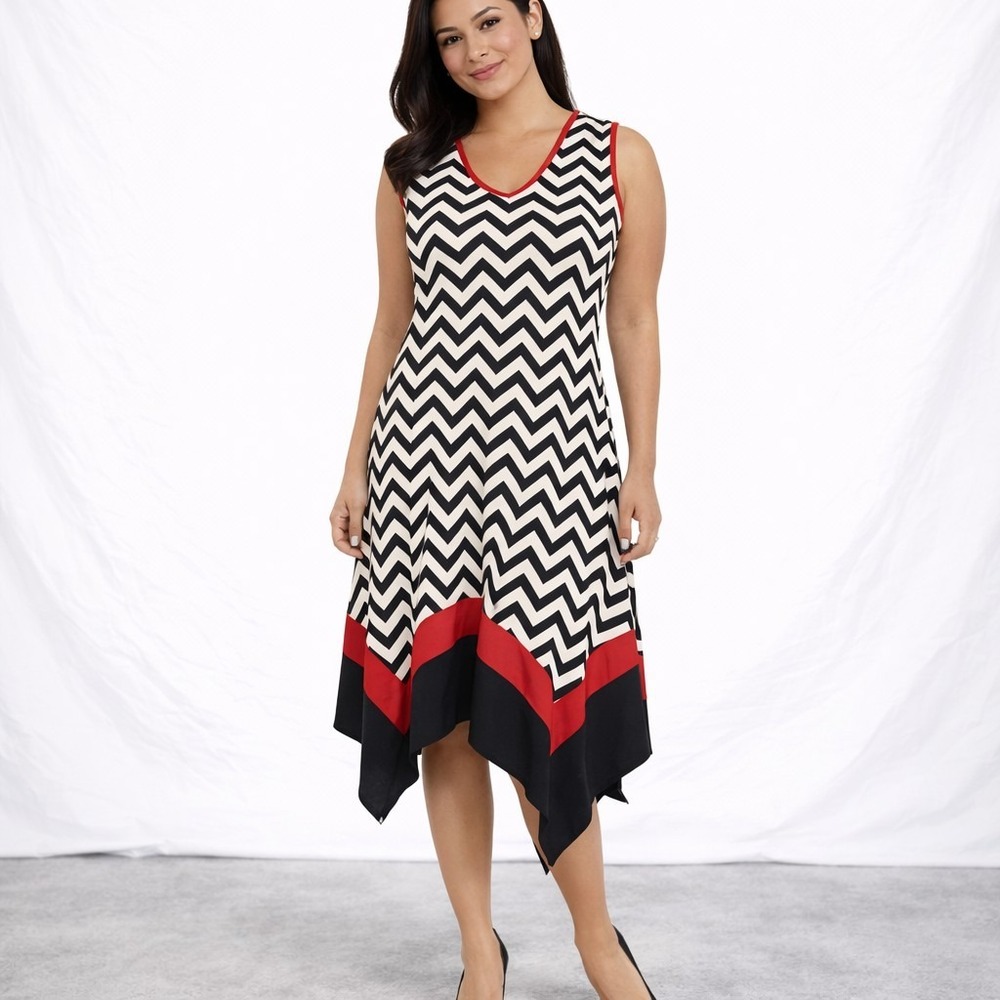 LUX II Size 4 Sharkbite Hem Sleeveless V-neck Chevron Stretch Knit Midi Dress